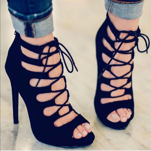 black suede lace up heels
